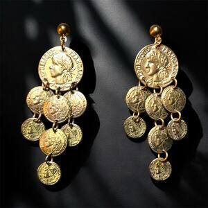 Faux Coin Chandelier Earrings Gold Tone 2.75 In-Boho,Retro, Lightweight-post